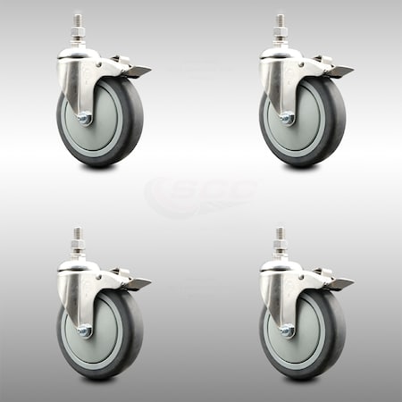 Service Caster 5 Inch 316SS Thermoplastic Rubber Swivel 1/2 Inch Stem Caster Set Lock Brake SCC SCC-SS316TSTTL20S514-TPRB-121315-4